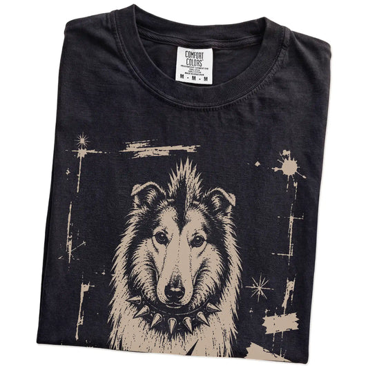 Folded Black Punk Rock Collie T-Shirt showing the graphic