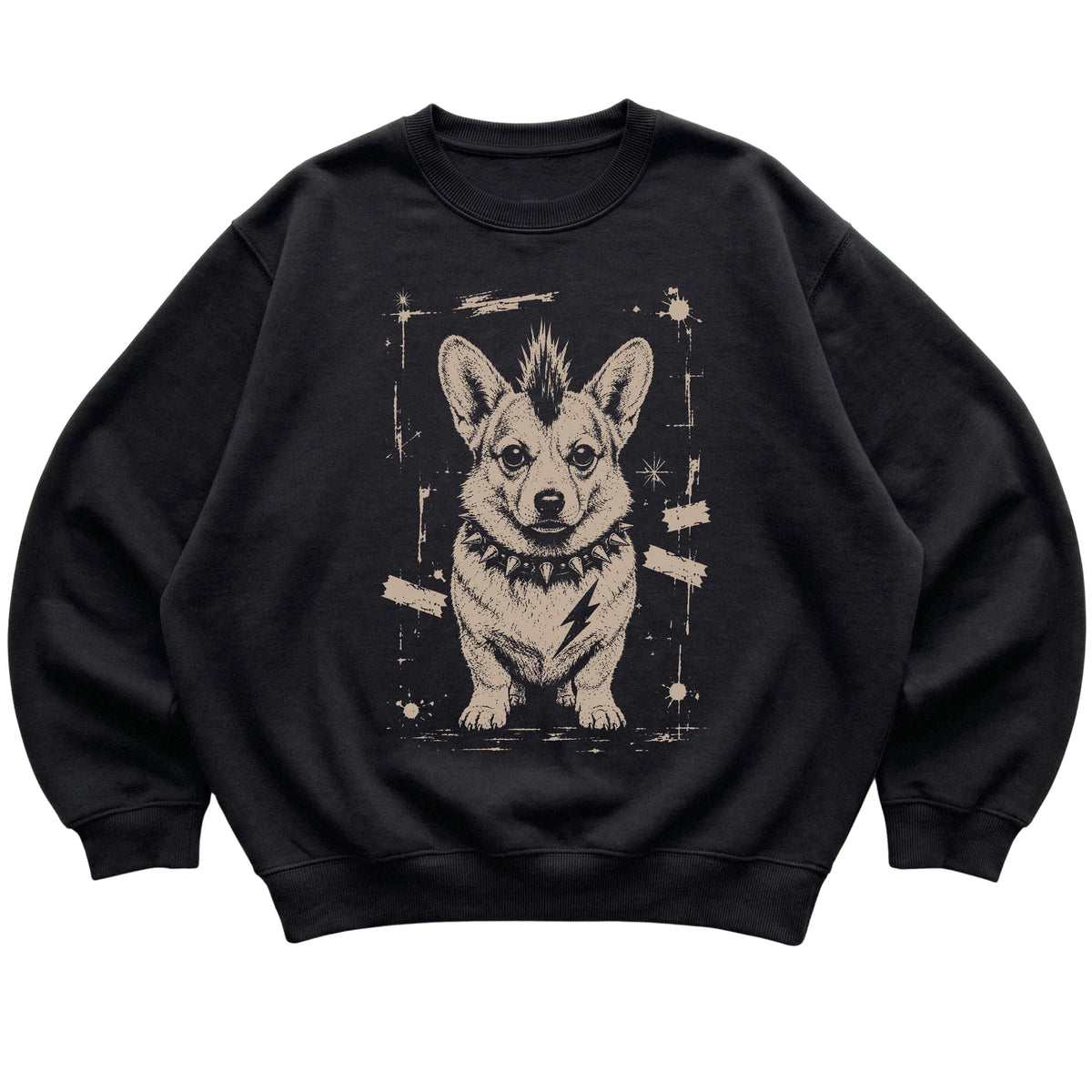 Black Punk Rock Corgi sweatshirt, flat view