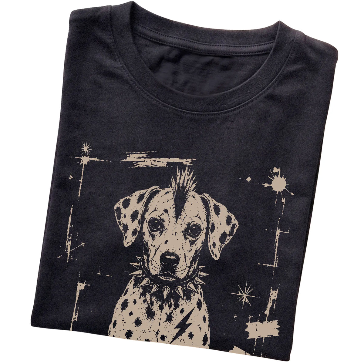 Black Punk Rock Dalmatian T-shirt, folded view