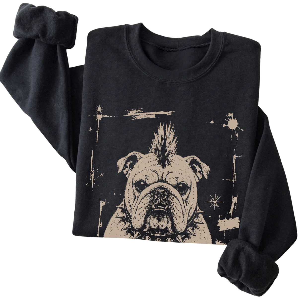 Black Punk Rock English Bulldog sweatshirt, folded view