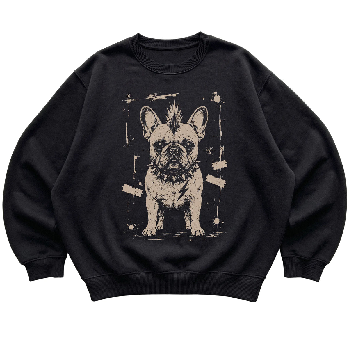 Black Punk Rock French Bulldog sweatshirt, flat view