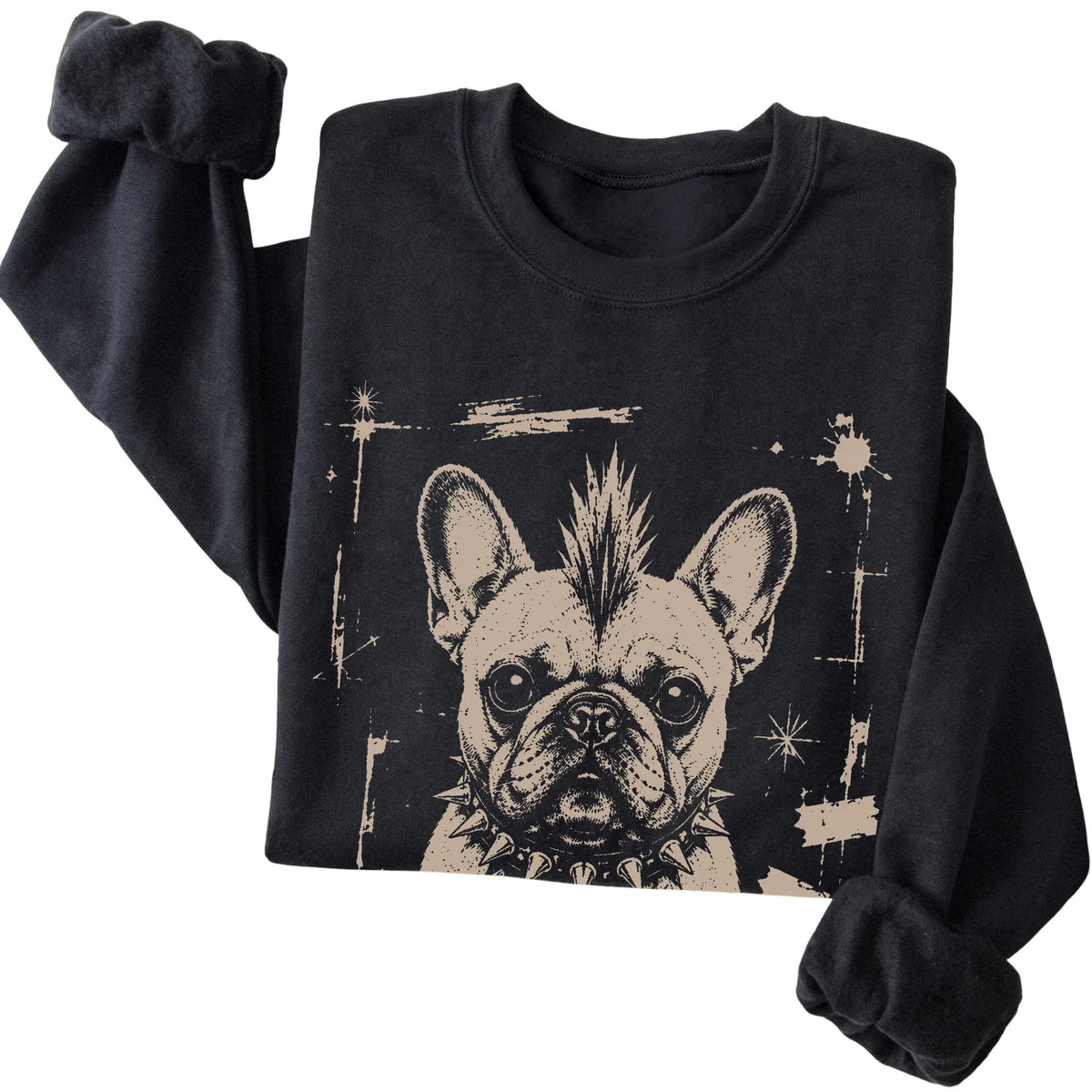 Black Punk Rock French Bulldog sweatshirt, folded view