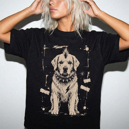 Woman wearing a Black Punk Rock Golden Retriever T-Shirt