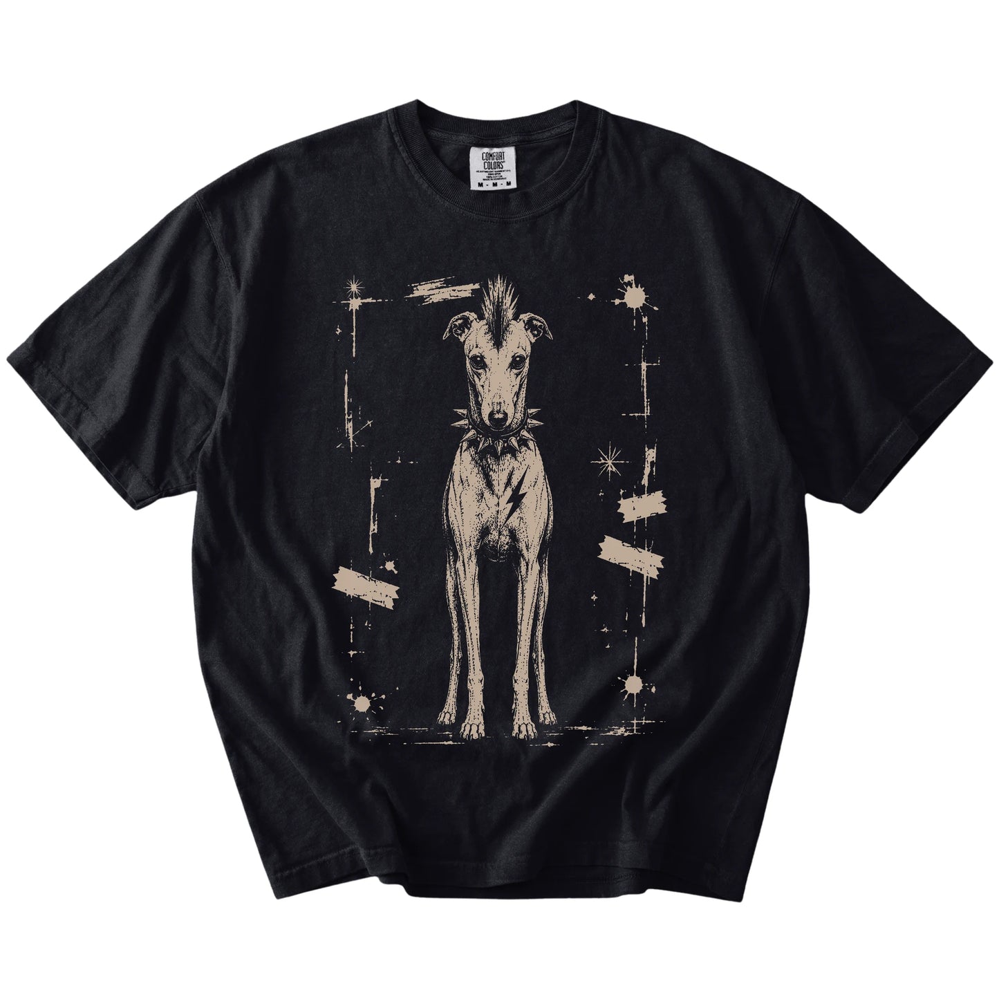 Black Punk Rock Greyhound T-Shirt laid flat