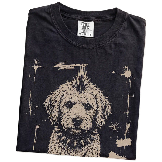 Folded Black Punk Rock Labradoodle T-Shirt showing the graphic