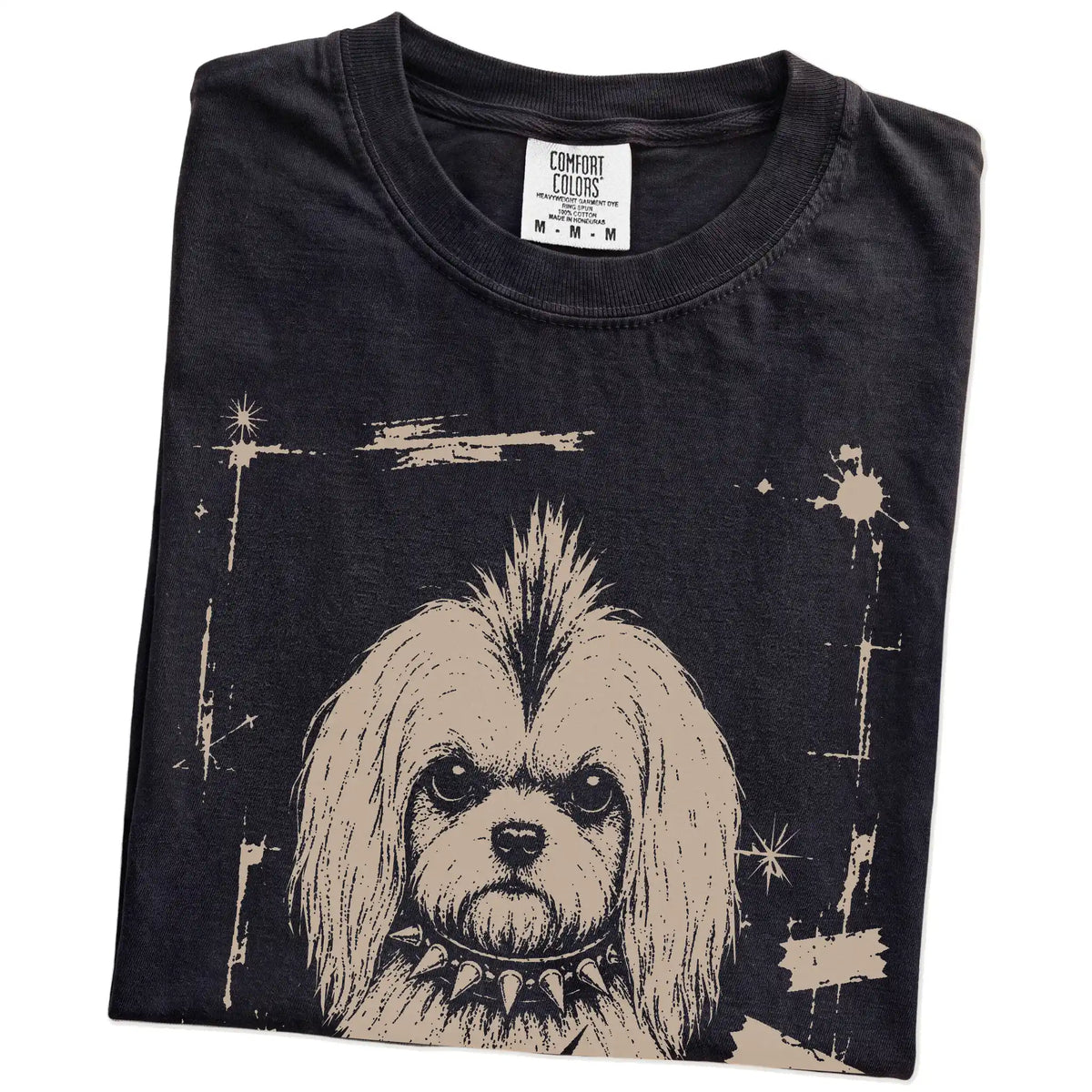 Folded Black Punk Rock Maltese T-Shirt showing the graphic