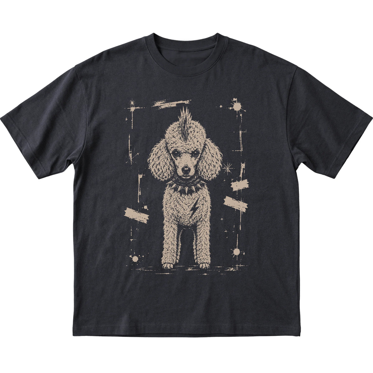 Black Punk Rock Poodle T-shirt, flat view