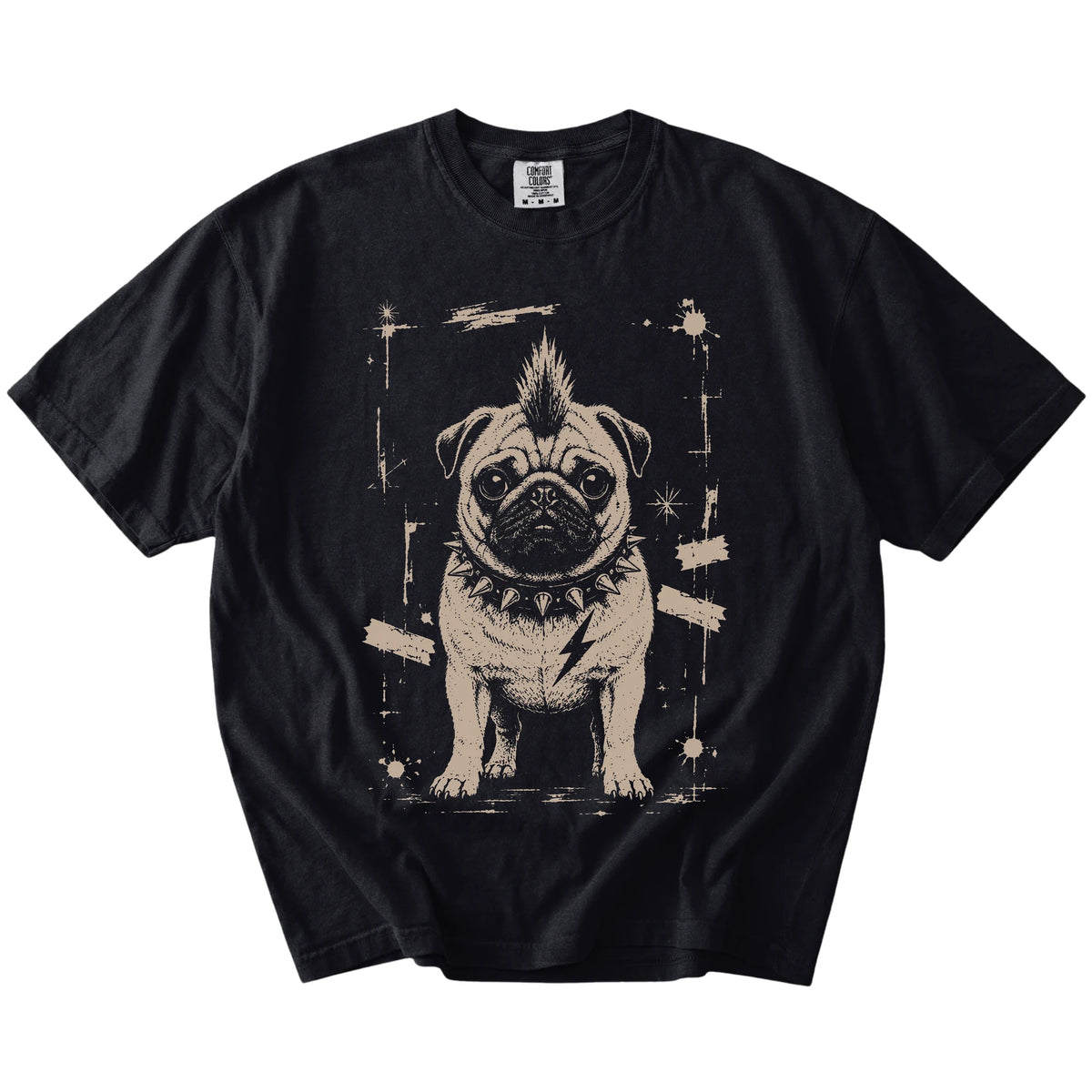 Black Punk Rock Pug T-Shirt laid flat