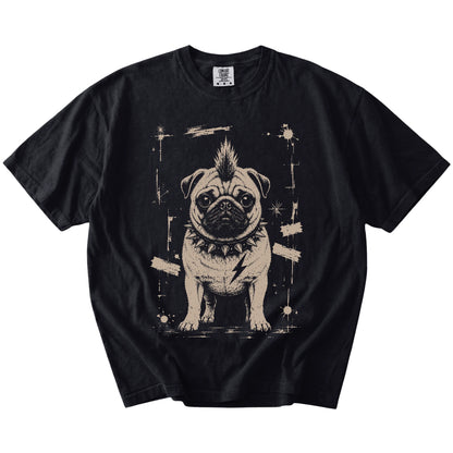 Black Punk Rock Pug T-Shirt laid flat
