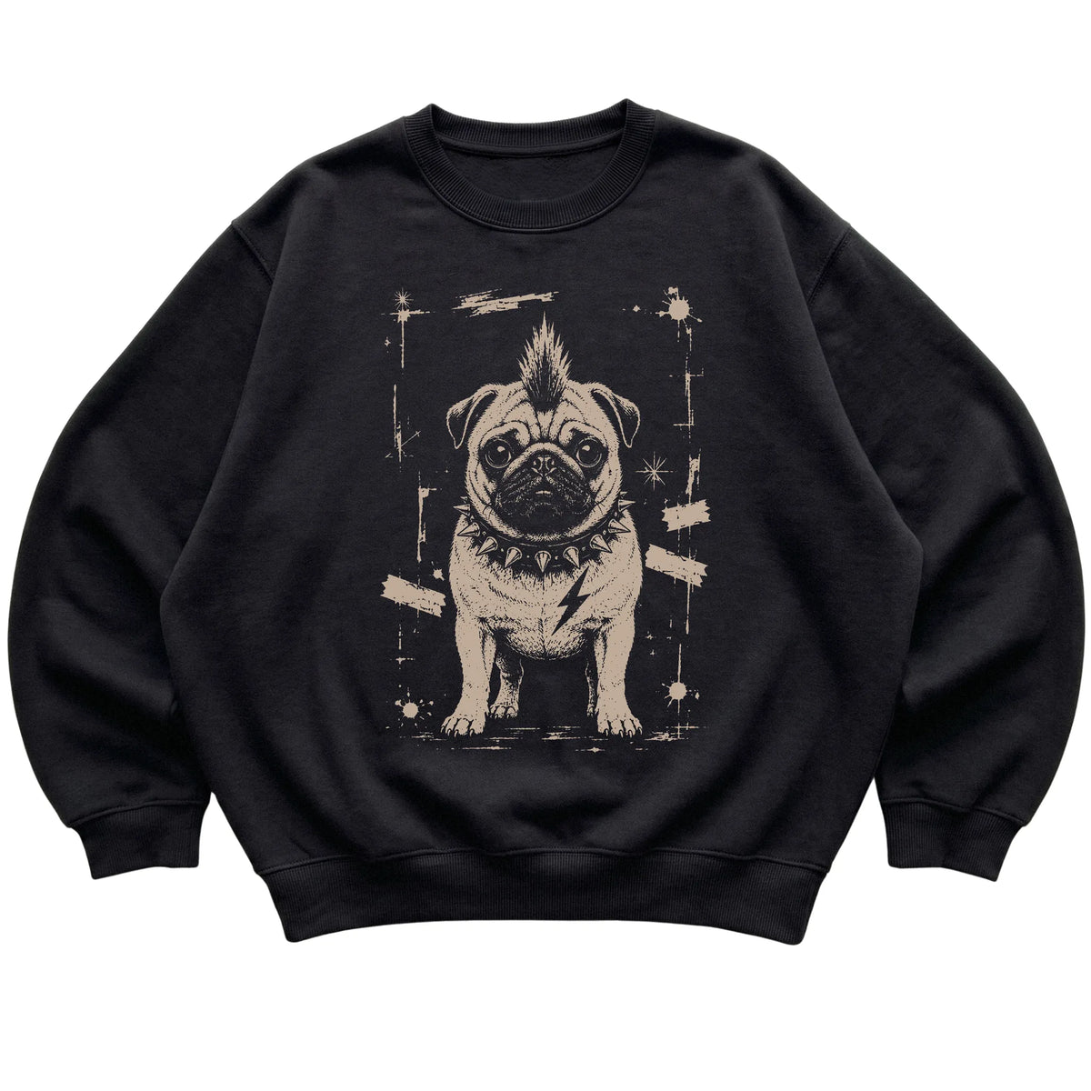 Black Punk Rock Pug sweatshirt, flat view