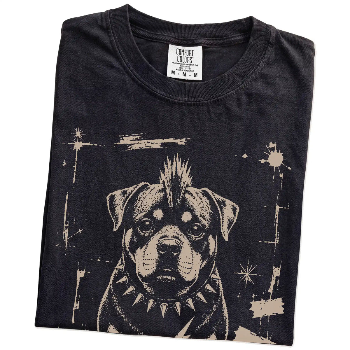Folded Black Punk Rock Rottweiler T-Shirt showing the graphic