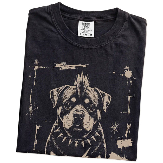 Folded Black Punk Rock Rottweiler T-Shirt showing the graphic
