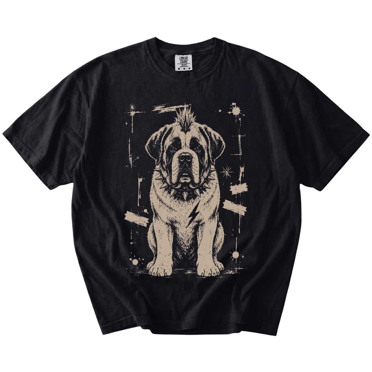 Black Punk Rock Saint Bernard T-Shirt laid flat