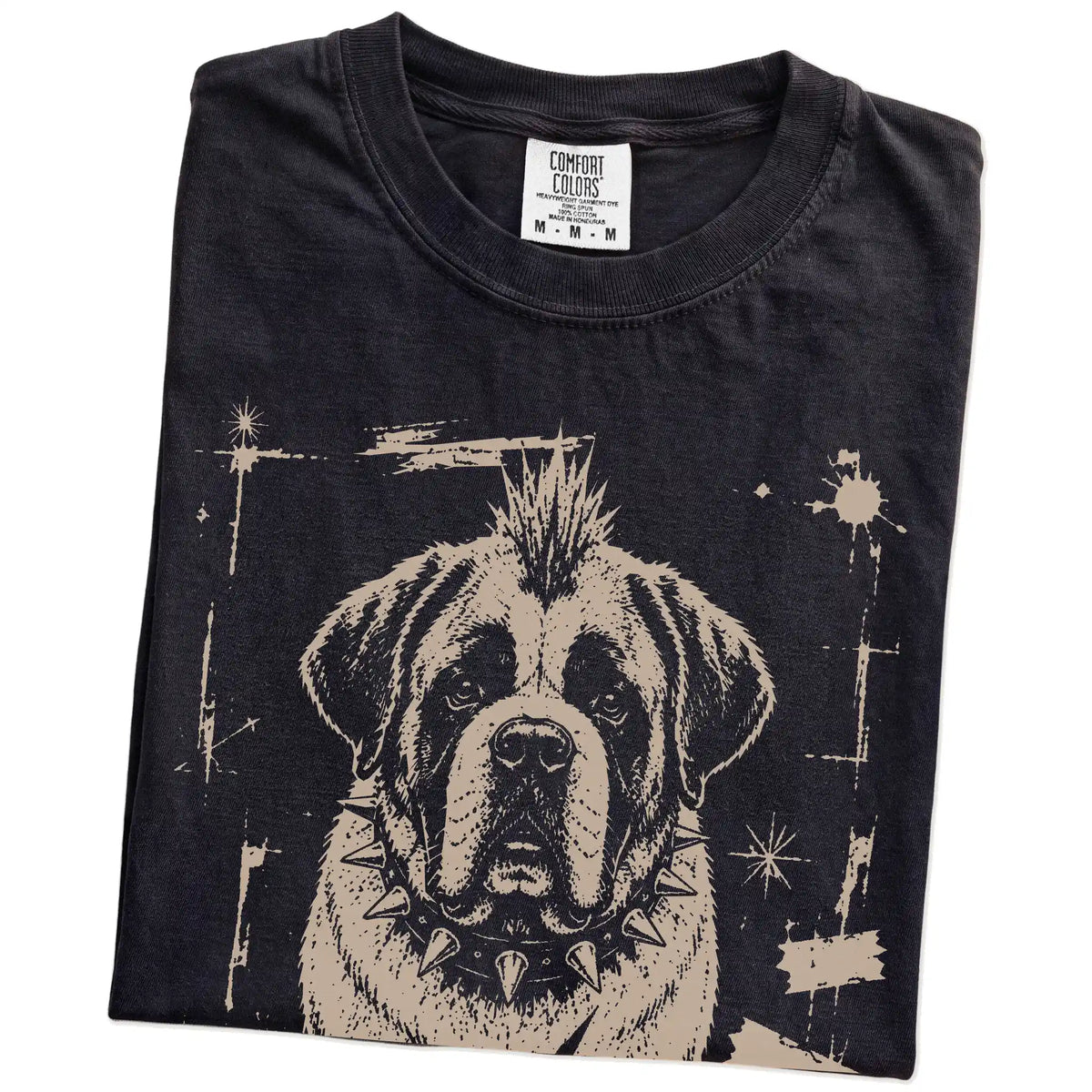 Folded Black Punk Rock Saint Bernard T-Shirt showing the graphic