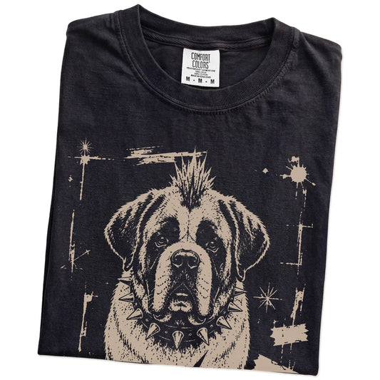 Folded Black Punk Rock Saint Bernard T-Shirt showing the graphic