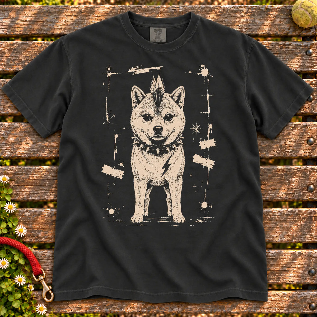 Shiba Inu Punk Rock design on a Black T-shirt shown flat