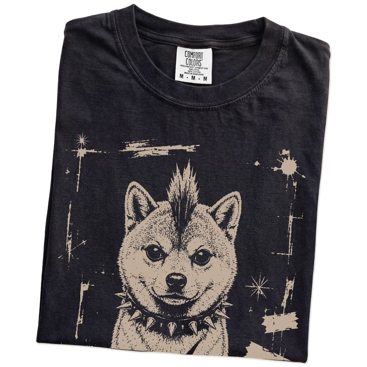Folded Black Punk Rock Shiba Inu T-Shirt showing the graphic