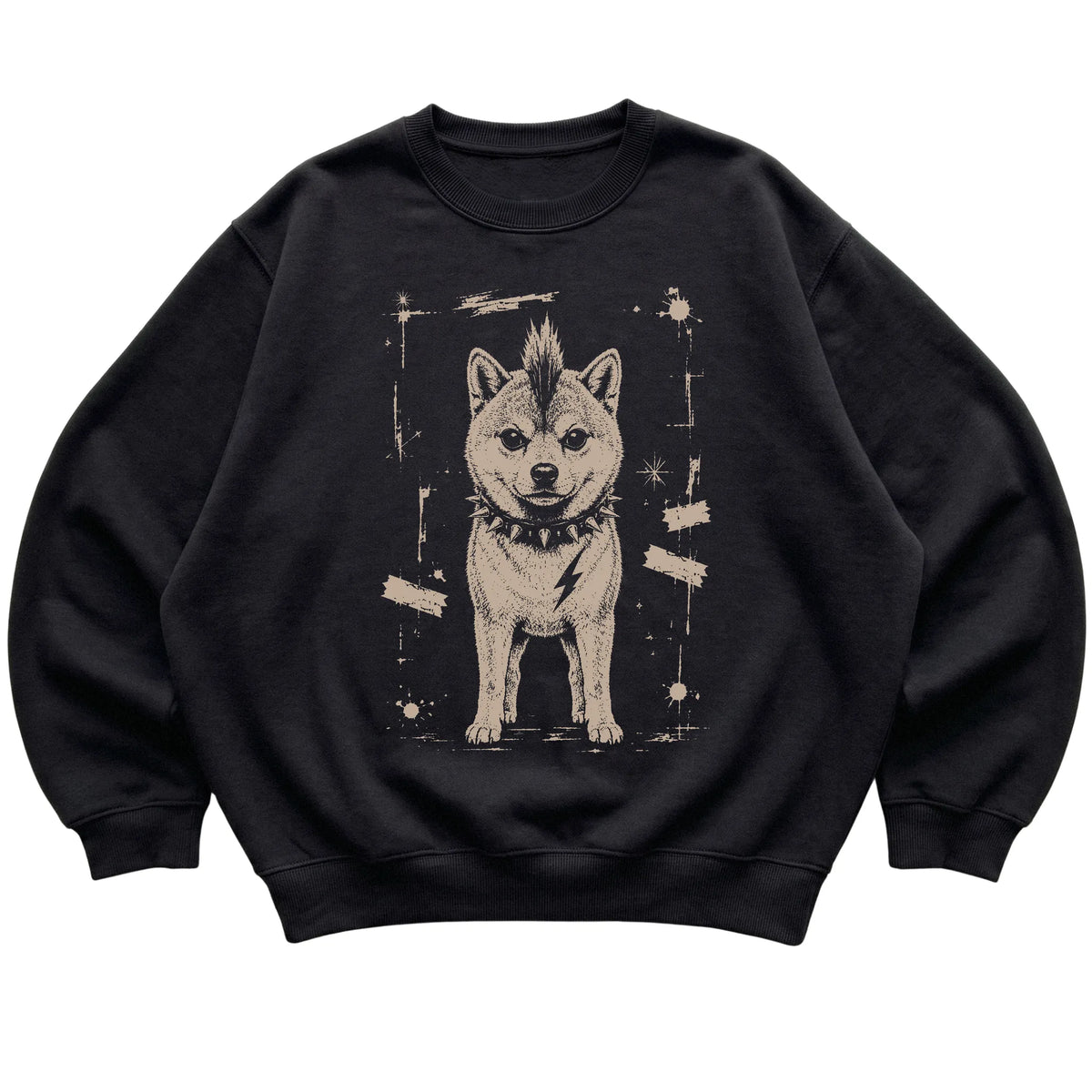 Black Punk Rock Shiba Inu sweatshirt, flat view