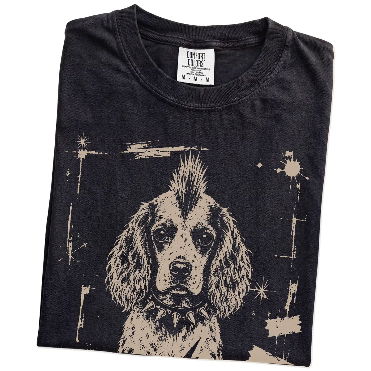 Folded Black Punk Rock Springer Spaniel T-Shirt showing the graphic