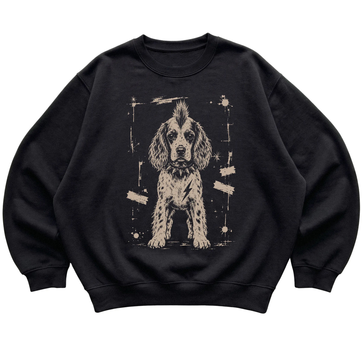 Black Punk Rock Springer Spaniel sweatshirt, flat view