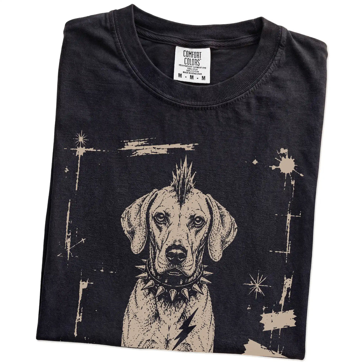 Folded Black Punk Rock Vizsla T-Shirt showing the graphic