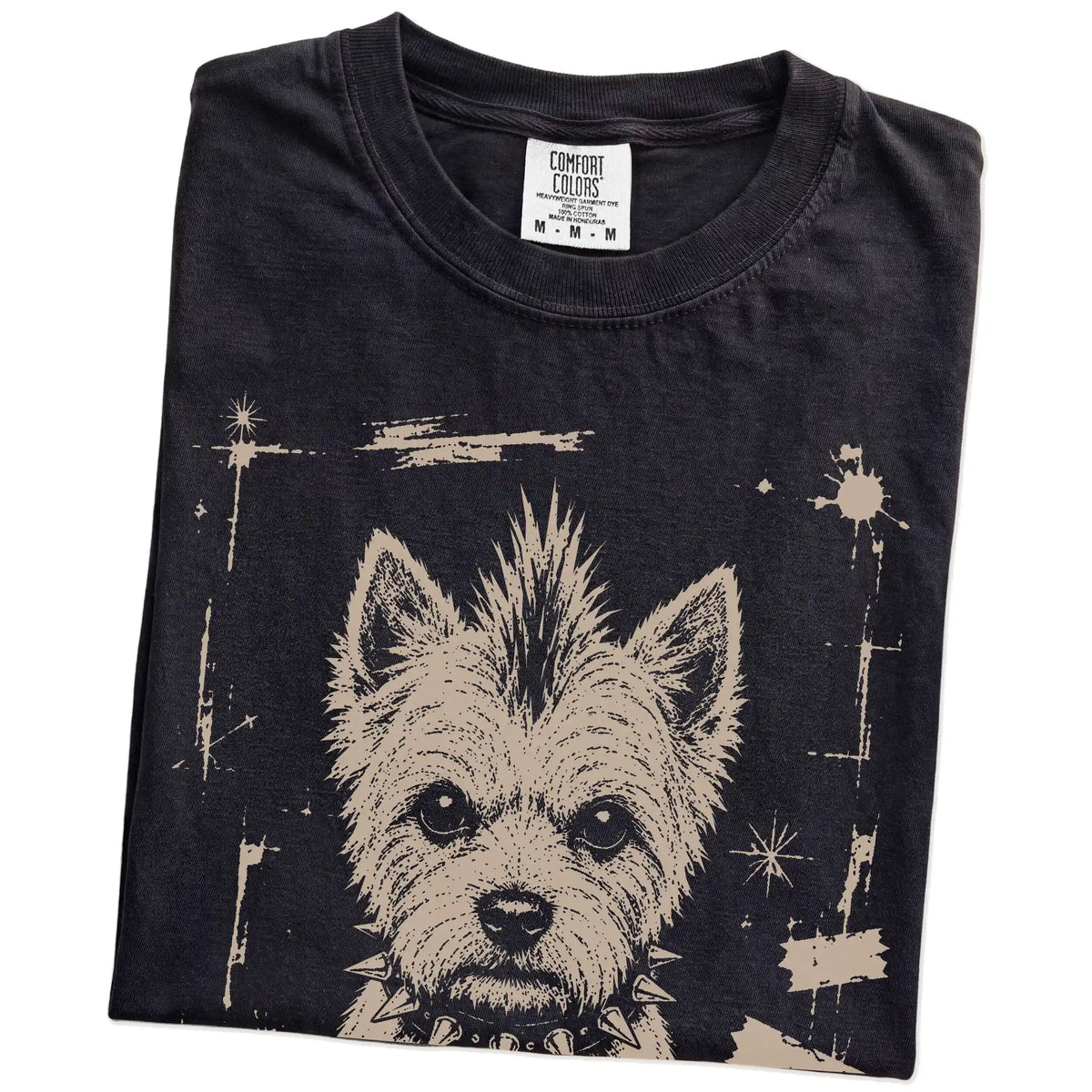 Folded Black Punk Rock Westie T-Shirt showing the graphic
