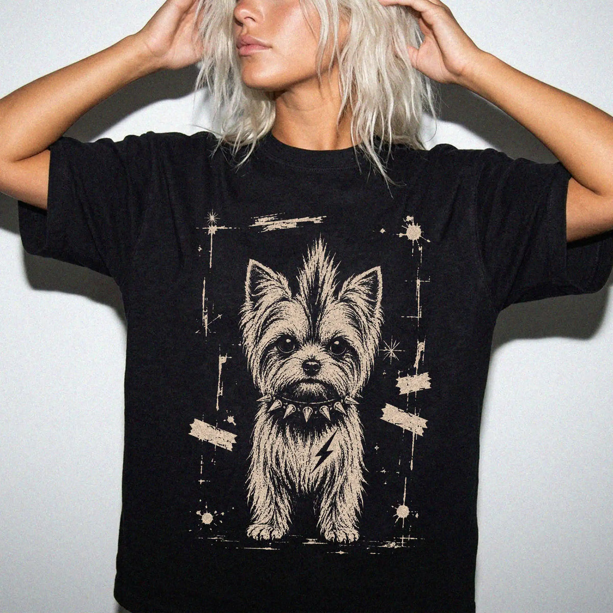 Woman wearing a Black Punk Rock Yorkie T-Shirt