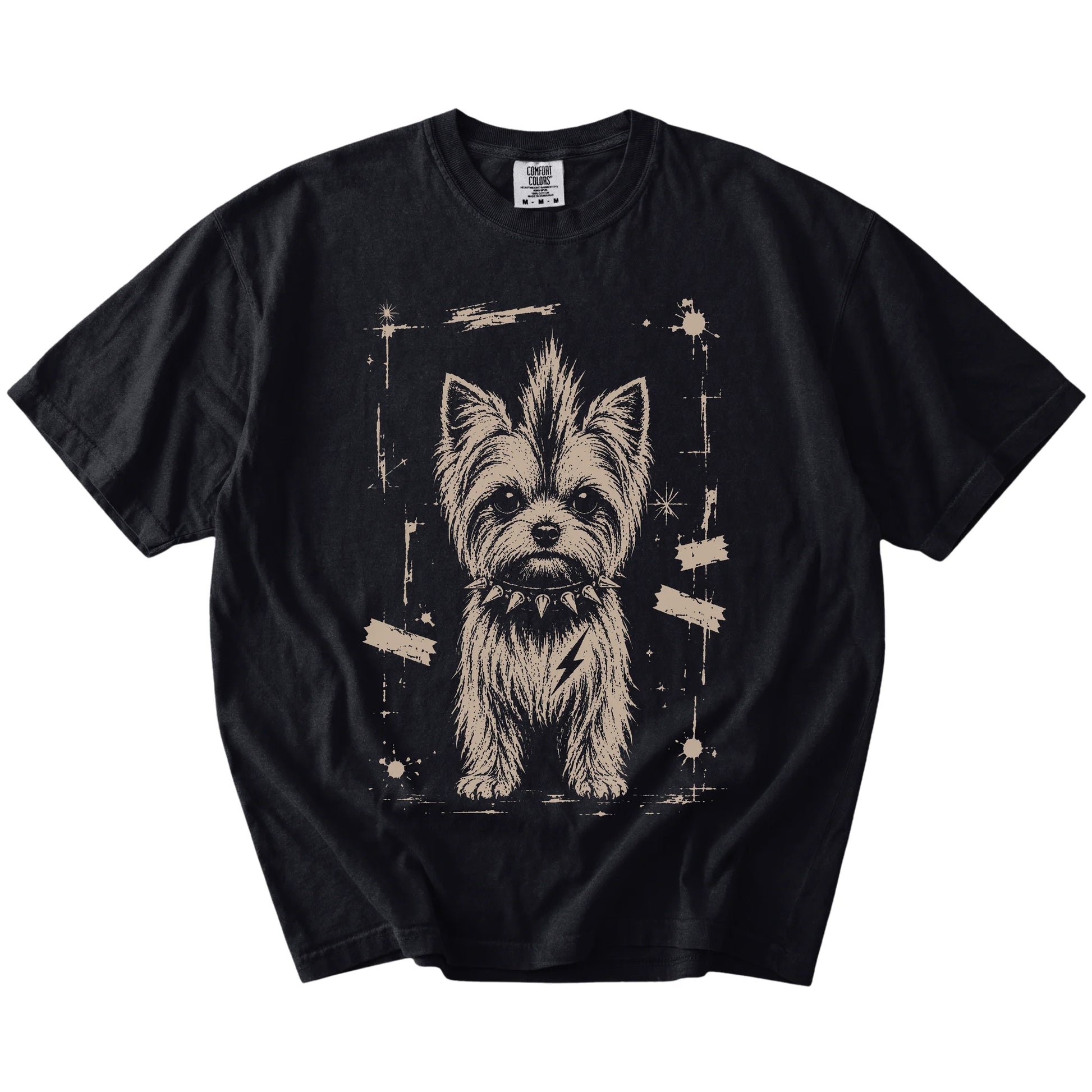Black Punk Rock Yorkie T-Shirt laid flat
