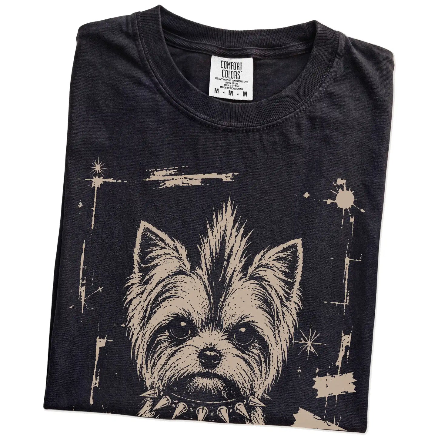 Folded Black Punk Rock Yorkie T-Shirt showing the graphic
