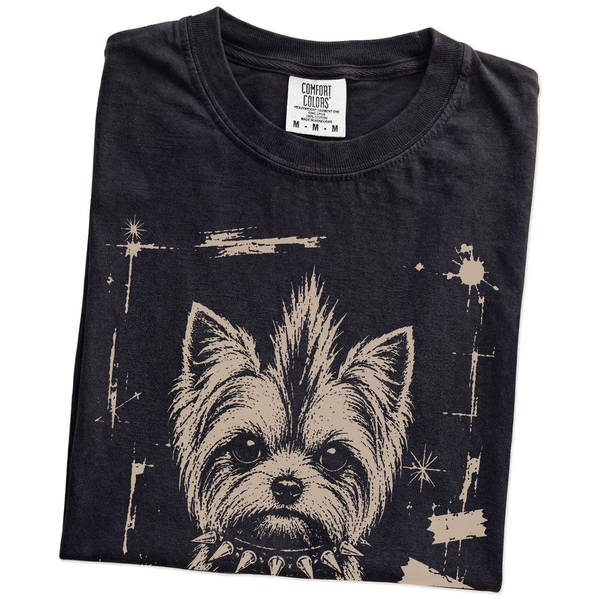 Folded Black Punk Rock Yorkie T-Shirt showing the graphic