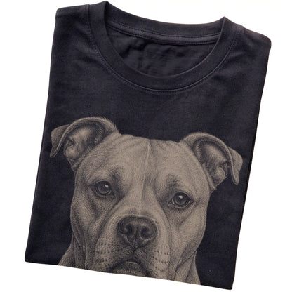 Black Realistic Drawing American Bulldog T-shirt, folded view