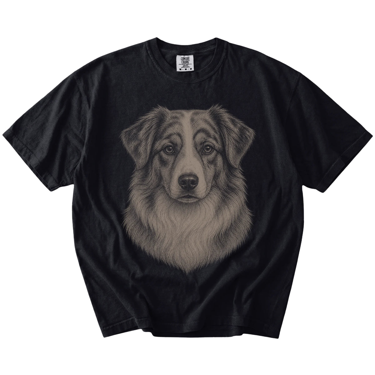 A realistic drawing of a Australian Shepherd on a Black Comfort Colors® T-shirt
