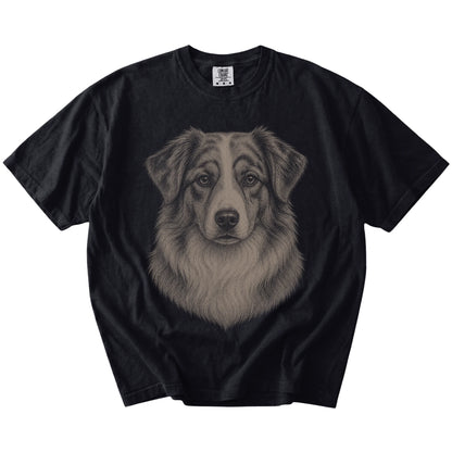 A realistic drawing of a Australian Shepherd on a Black Comfort Colors® T-shirt