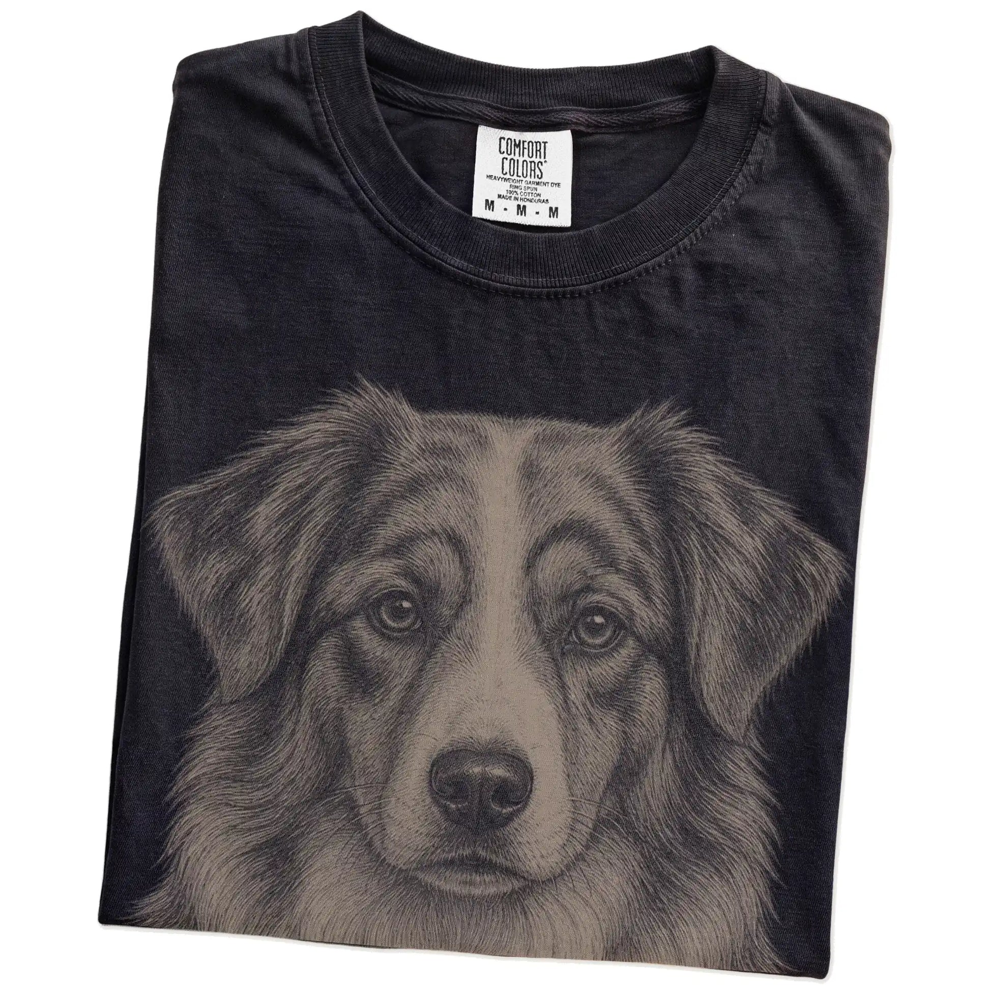 Folded Black Comfort Colors® T-shirt showing a realistic drawing of a Australian Shepherd