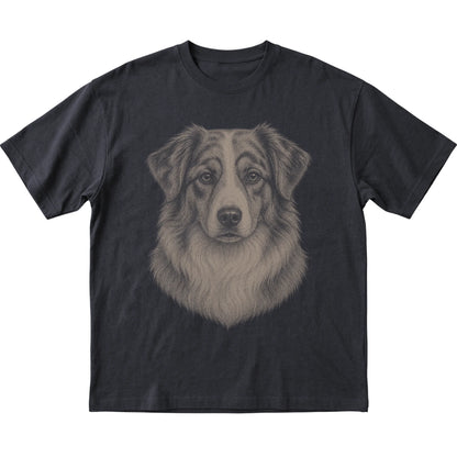 Black Realistic Drawing Australian Shepherd T-shirt, flat view