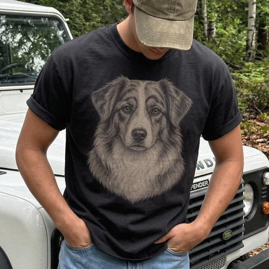 Model wearing a Black Comfort Colors® T-shirt with a realistic drawing of a Australian Shepherd