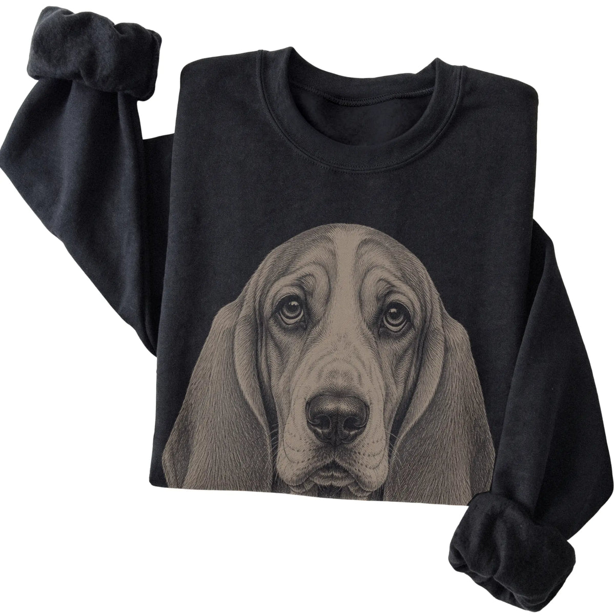 Black Realistic Drawing Basset Hound sweatshirt, folded view