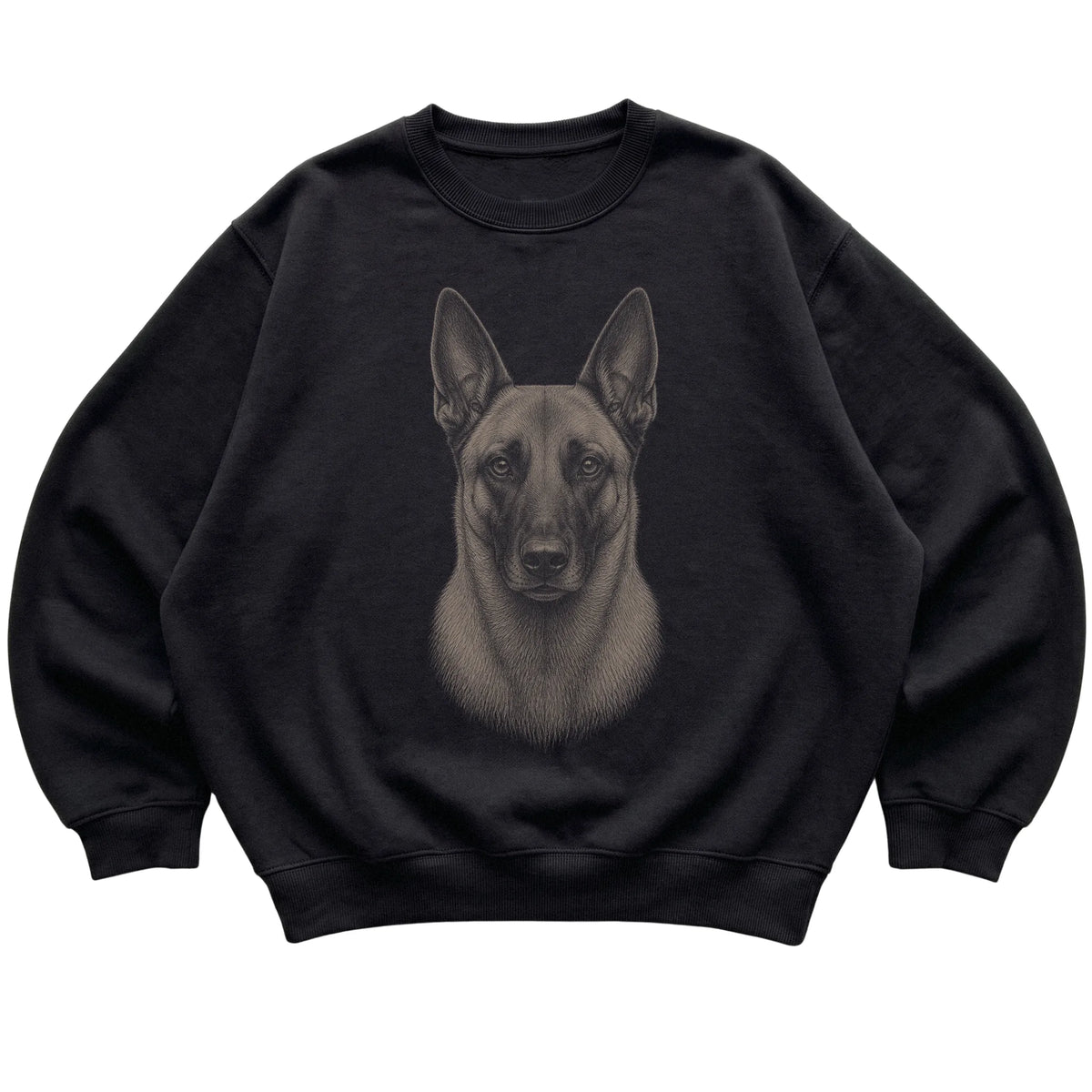 Black Realistic Drawing Belgian Malinois sweatshirt, flat view