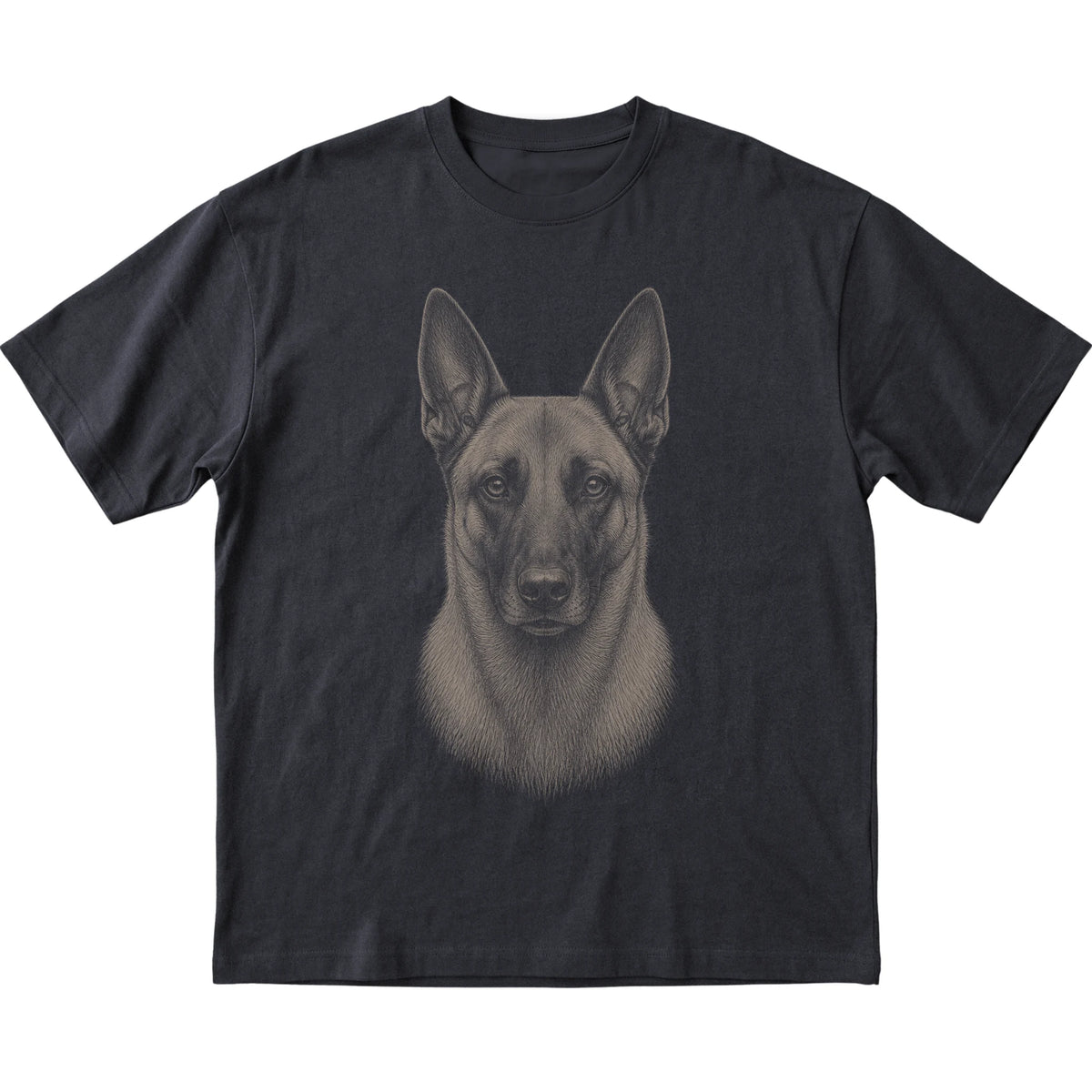 Black Realistic Drawing Belgian Malinois T-shirt, flat view