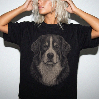 Model wearing a Black Comfort Colors® T-shirt with a realistic drawing of a Bernese Mountain Dog