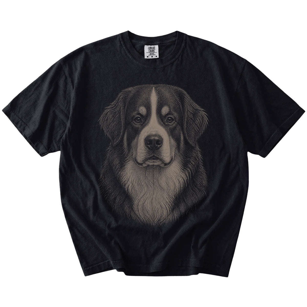 A realistic drawing of a Bernese Mountain Dog on a Black Comfort Colors® T-shirt