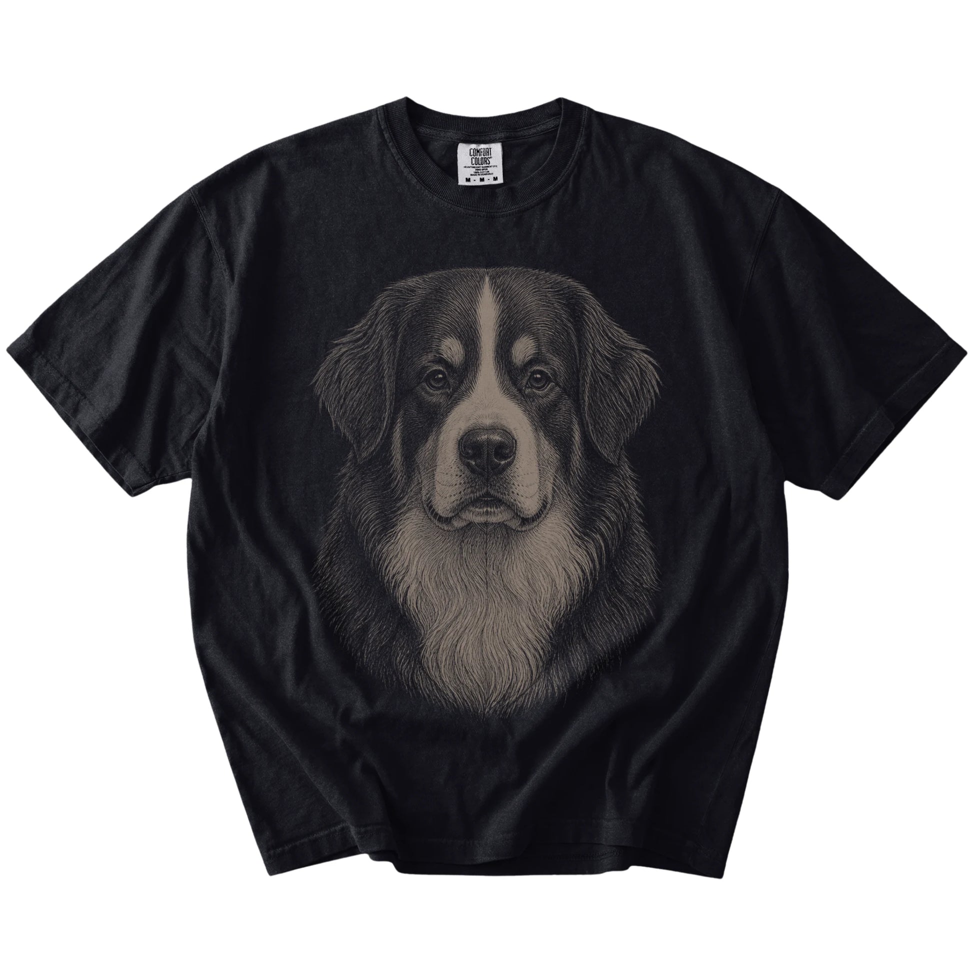 A realistic drawing of a Bernese Mountain Dog on a Black Comfort Colors® T-shirt
