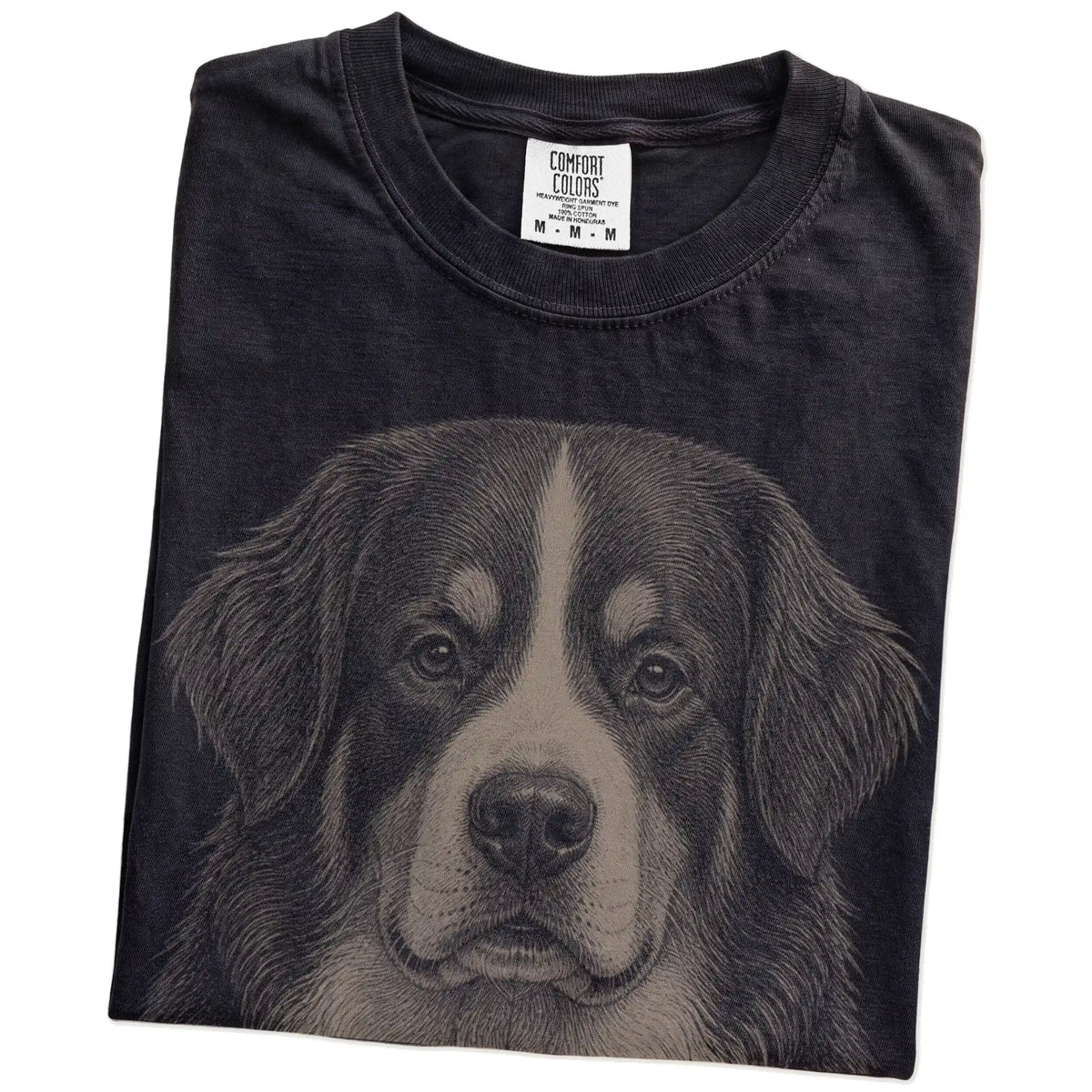 Folded Black Comfort Colors® T-shirt showing a realistic drawing of a Bernese Mountain Dog