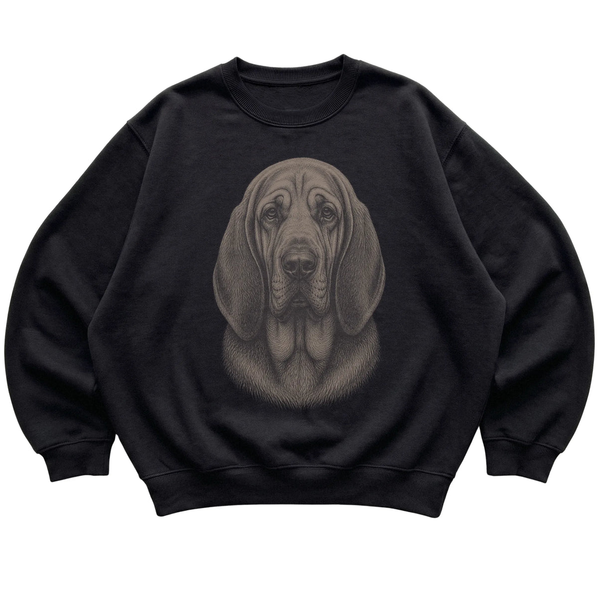 Black Realistic Drawing Bloodhound sweatshirt, flat view