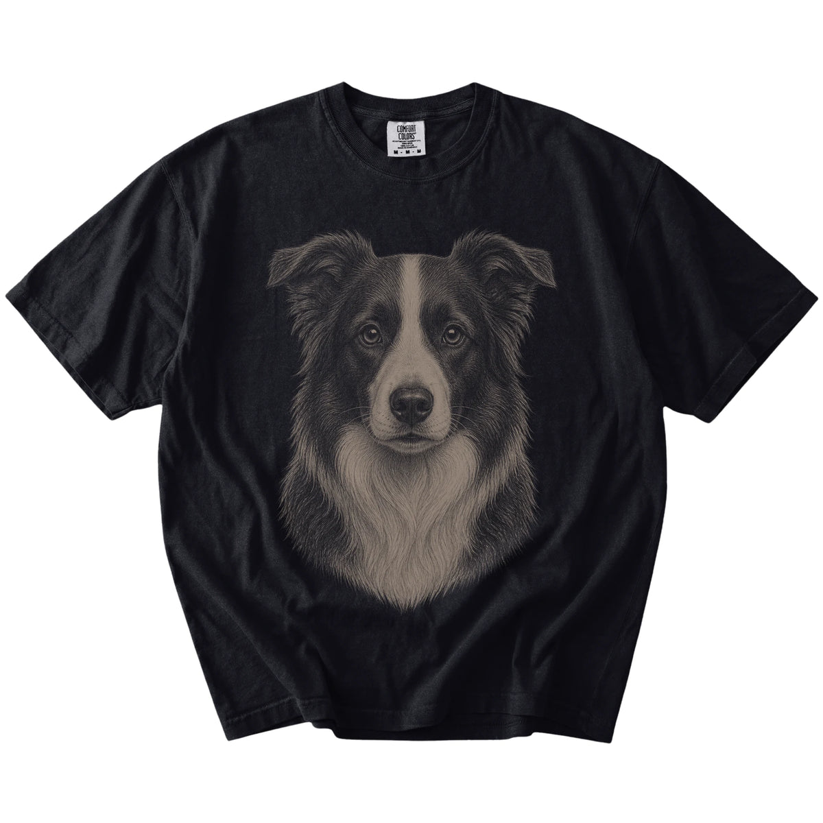 A realistic drawing of a Border Collie on a Black Comfort Colors® T-shirt