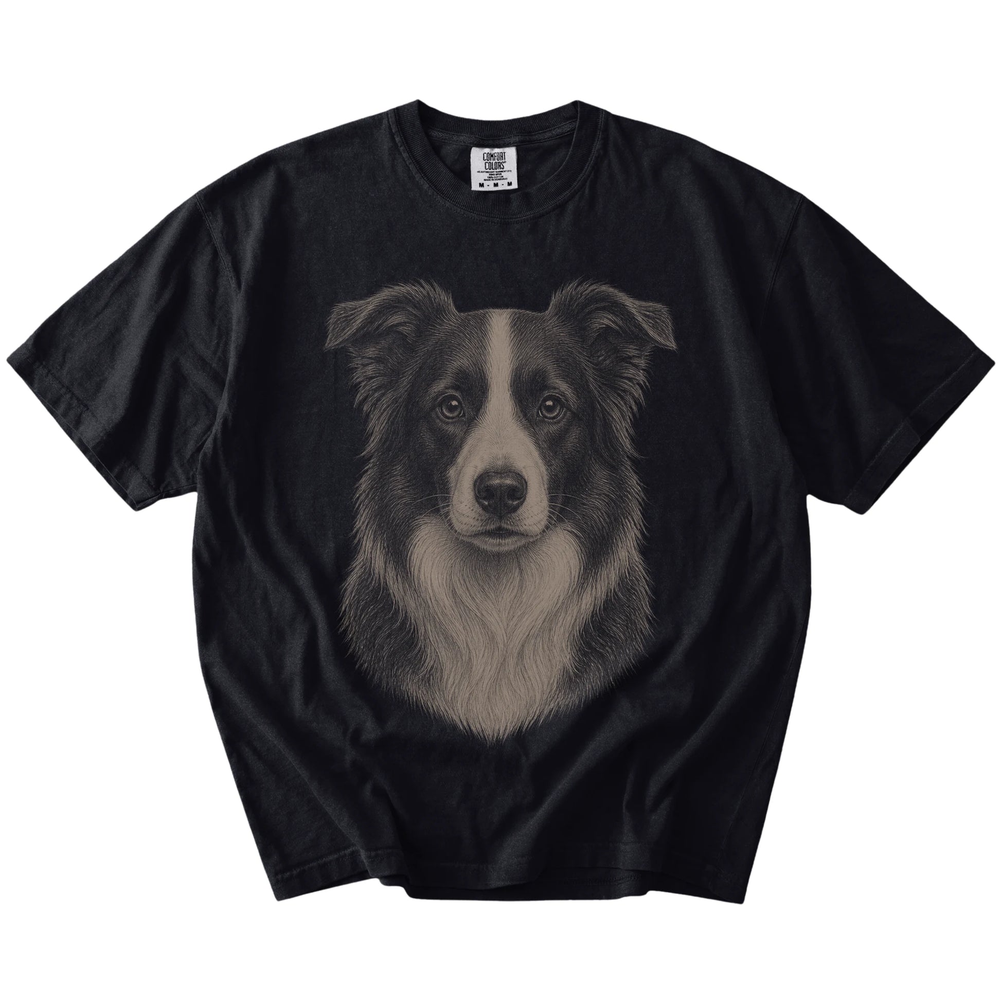A realistic drawing of a Border Collie on a Black Comfort Colors® T-shirt