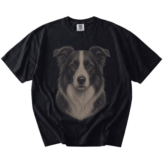 A realistic drawing of a Border Collie on a Black Comfort Colors® T-shirt