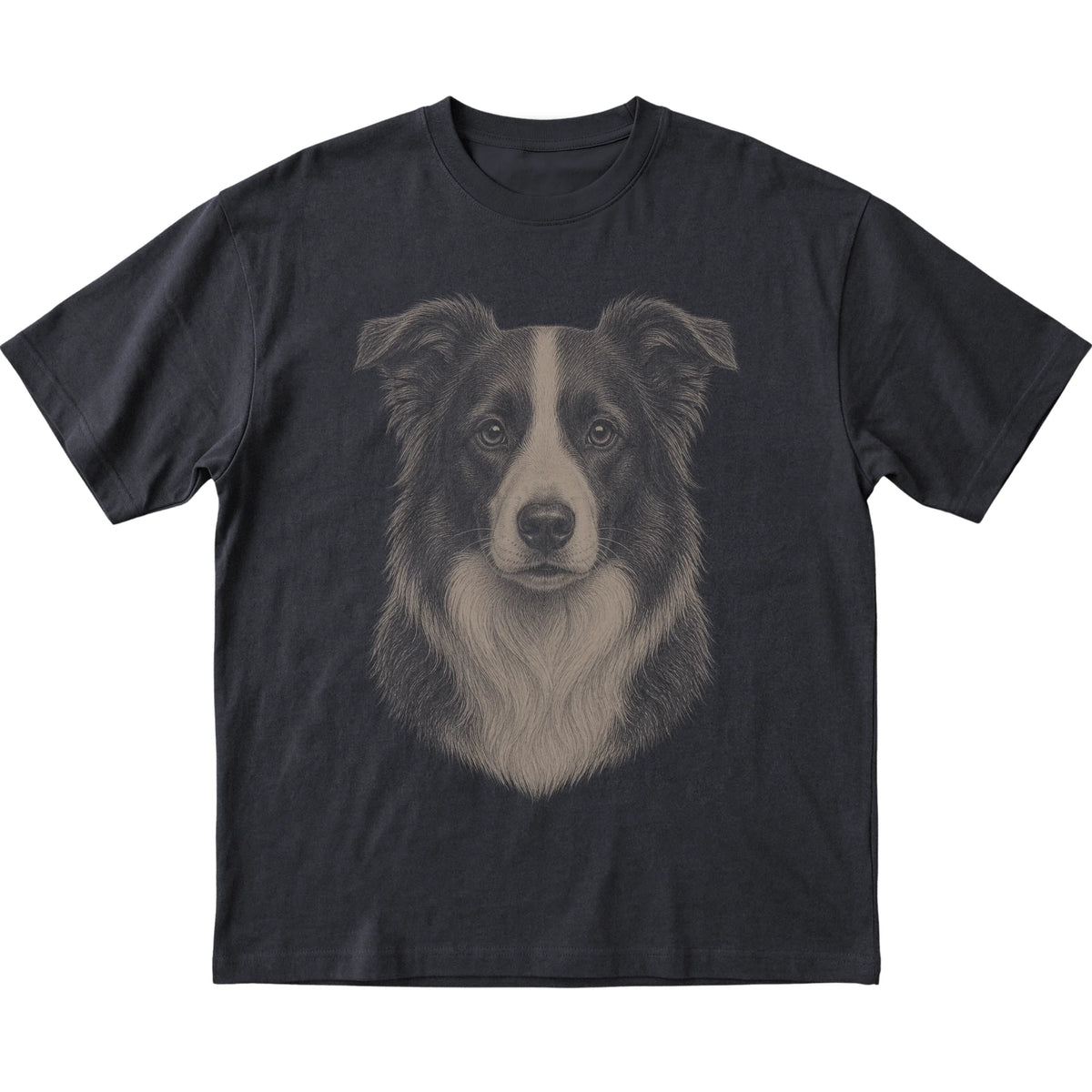 Black Realistic Drawing Border Collie T-shirt, flat view