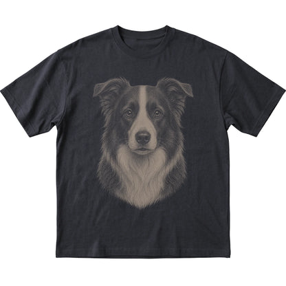 Black Realistic Drawing Border Collie T-shirt, flat view