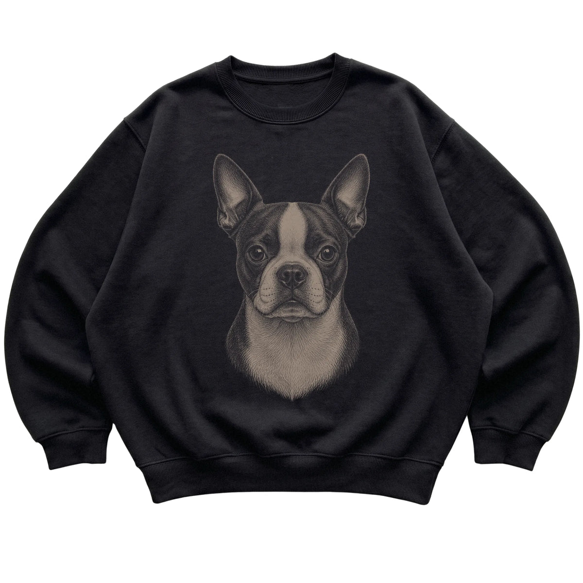 Black Realistic Drawing Boston Terrier sweatshirt, flat view